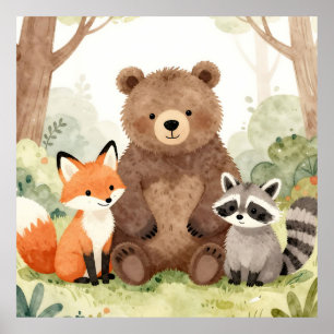 Poster Cute Forest Friends Ours Renard Raton laveur Aquar