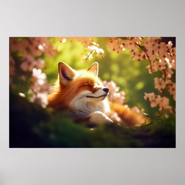 Poster Cute Fox Basking au printemps (Devant)