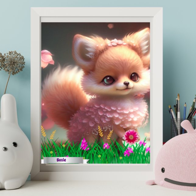 Poster Cute Fox dans le jardin de fleurs roses Personnali (Créateur téléchargé)