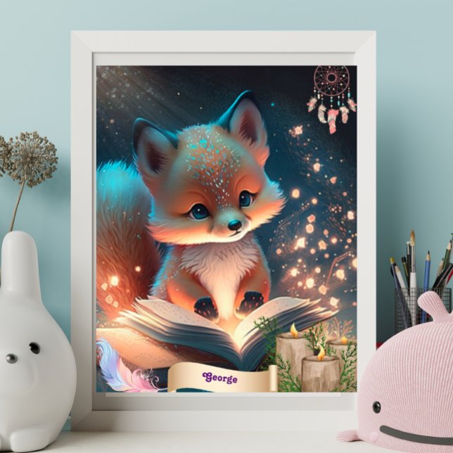 Poster Cute Fox lire un livre personnalisé Art Nursery (Créateur téléchargé)