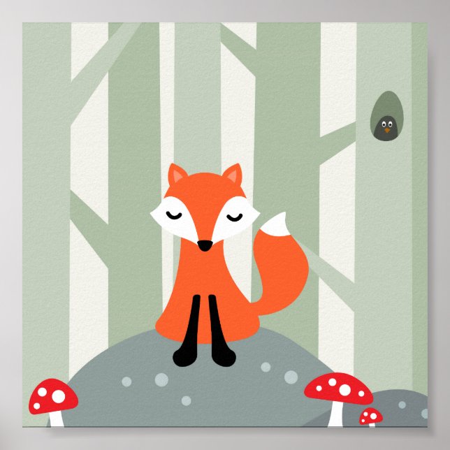 Poster Cute fox sitting on a rock in the forest (Devant)