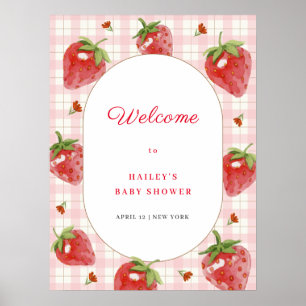 Poster Cute fraise En vichy Baby shower de bienvenue