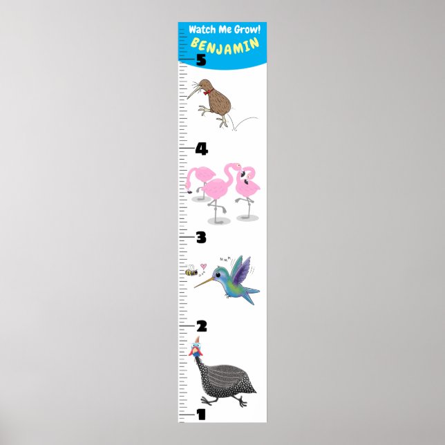 Poster Cute funny birds cartoon growth chart (Devant)