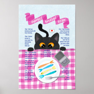 Poster Cute Funny Black Cat Breakfast Recette
