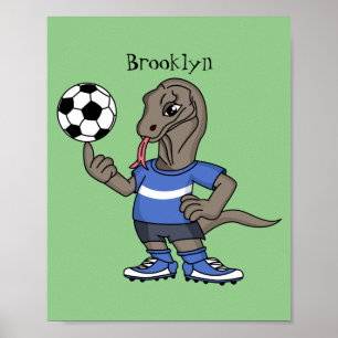 Poster Cute funny Komodo dragon playing soccer cartoon