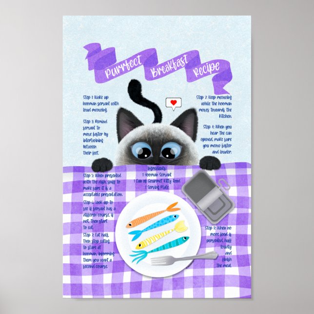 Poster Cute Funny Siamese Petit déjeuner de chat Recette (Devant)