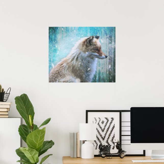 Poster Cute Furry Fox sur Blue Grunge Arrière - plan (Bureau à domicile)