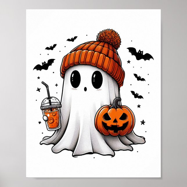 Poster Cute Ghost Boire Café Halloween Ghost Ice Cof (Devant)