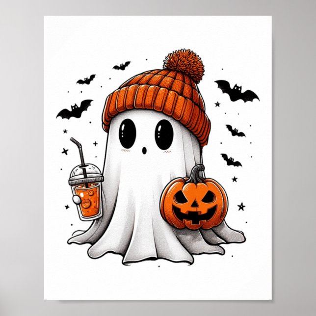 Poster Cute Ghost Boire Café Halloween Ghost Ice Cof (Devant)
