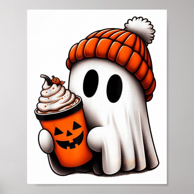 Poster Cute Ghost Boire Café Halloween Ghost Ice Cof (Devant)