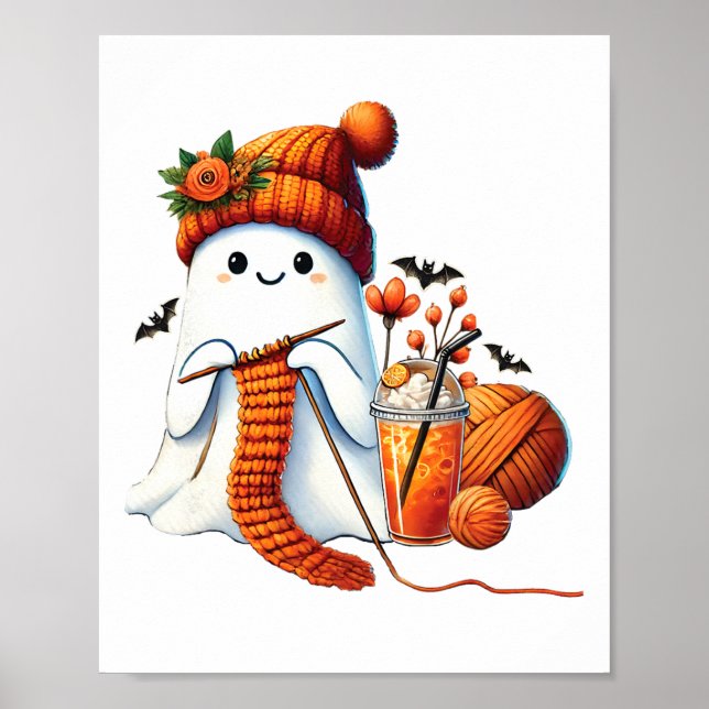 Poster Cute Ghost Crochet Tricot Amateurs Halloween Café (Devant)