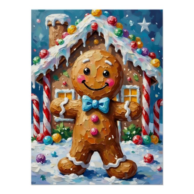 Poster Cute Gingerbread Man Cheerful Christmas Cookie Art (Devant)