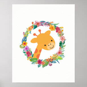 Poster Cute Giraffe avec une aquarelle fleurie Wreath