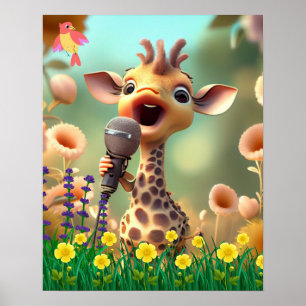 Poster Cute Giraffe chantant avec micro dans le jardin de
