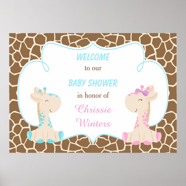 Poster Cute Giraffe Genre Révélation ou Baby shower jumea (Devant)