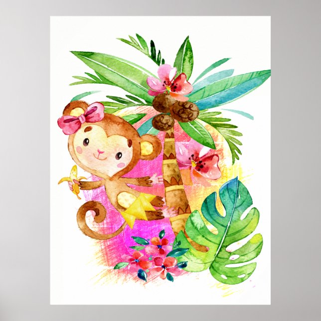 Poster Cute Girl Monkey Climbing Tree (Devant)