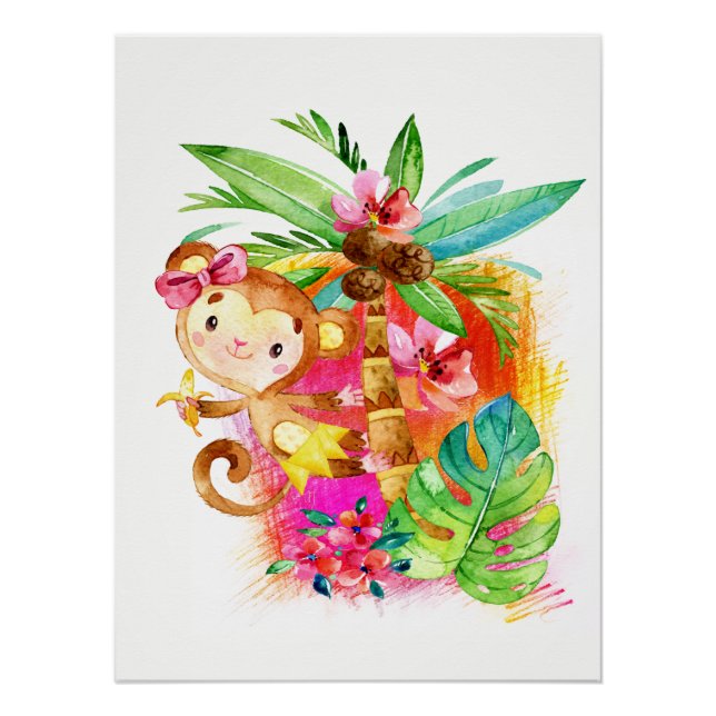 Poster Cute Girl Monkey Climbing Tree (Devant)