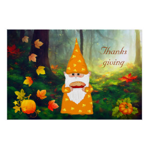 Poster Cute Gnome, Citrouilles & Feuilles d'Automne Thank