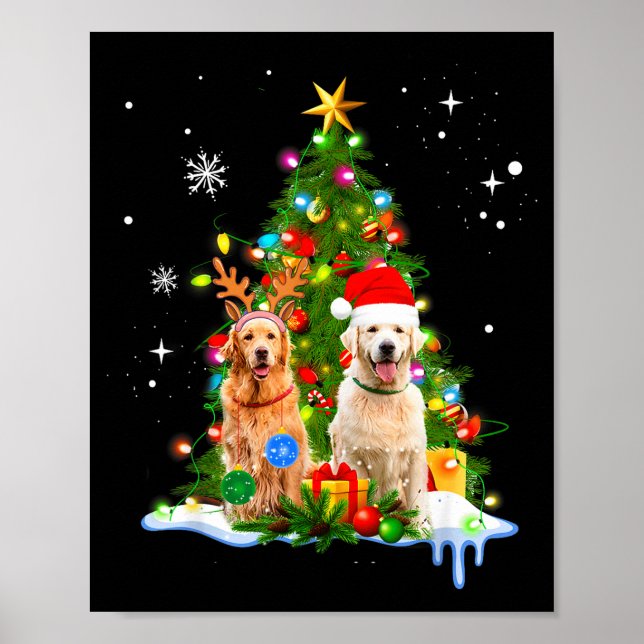Poster Cute Golden Retriever Christmas Tree  (Devant)
