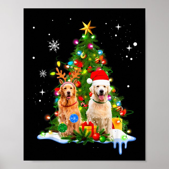 Poster Cute Golden Retriever Christmas Tree  (Devant)