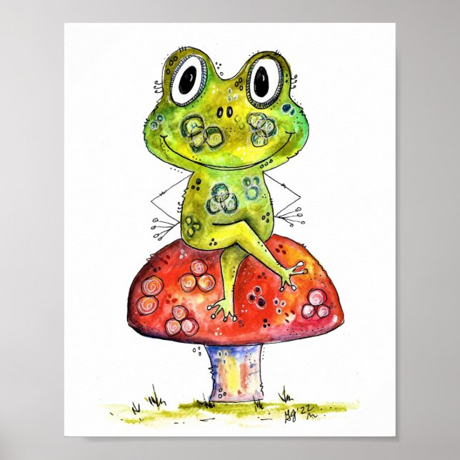 Poster Cute Grenouille verte Whimsical sur Toadstool (Devant)