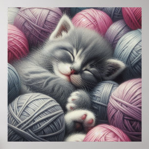 Poster Cute Grey et blanc Kitten Napping en Fil