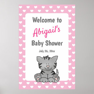 Poster Cute Grey Kitten et Coeurs Baby shower fille