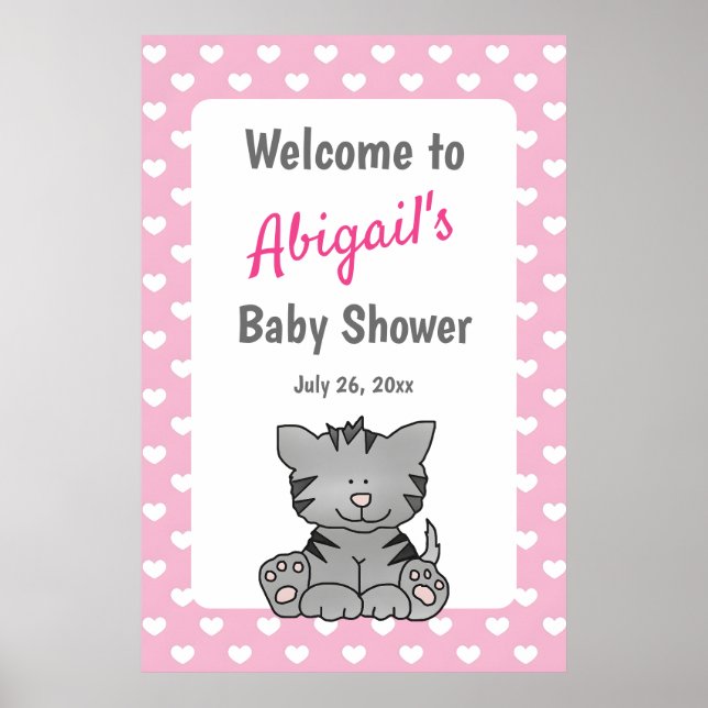 Poster Cute Grey Kitten et Coeurs Baby shower fille (Devant)
