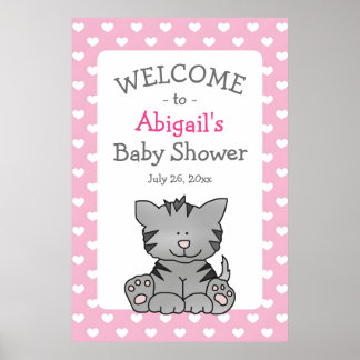 Poster Cute Grey Kitten et Coeurs Baby shower fille