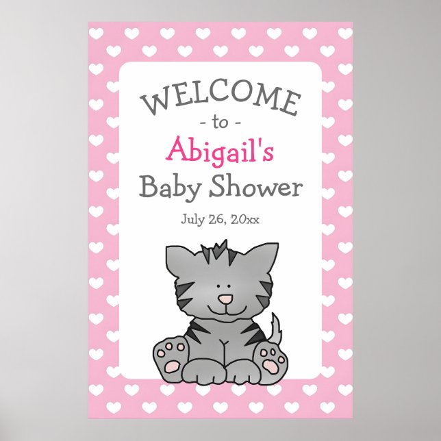 Poster Cute Grey Kitten et Coeurs Baby shower fille (Devant)