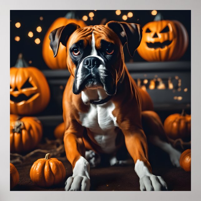 Poster Cute Halloween Boxer Chien avec Citrouille la nuit (Devant)