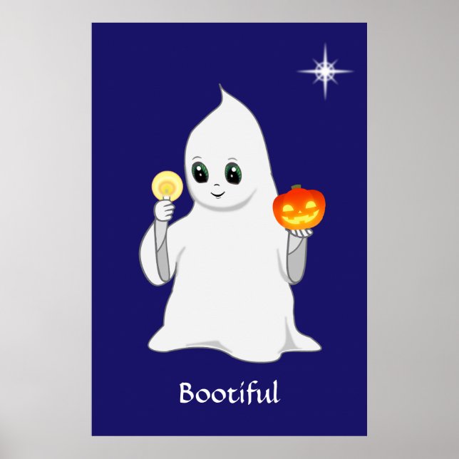 Poster Cute Halloween Ghost & Citrouille sur Navy Blue (Devant)