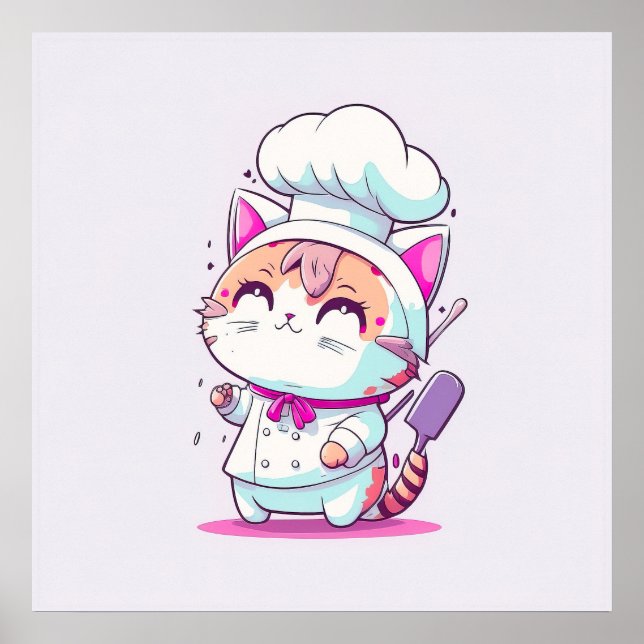 Poster Cute Happy Baker Pâtisserie Chef Chat Kitten | (Devant)