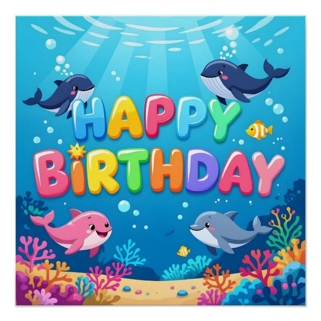 Poster Cute Happy Birthday nautical dolphin (Devant)
