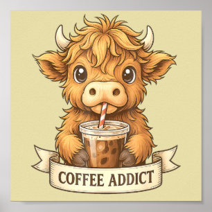 Poster Cute Highland Cow Coffee Addict Drôle Boire Café