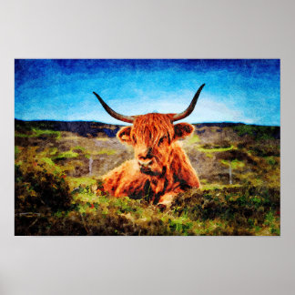 Poster Cute Highland Vache Aquarelle Peinture d'art