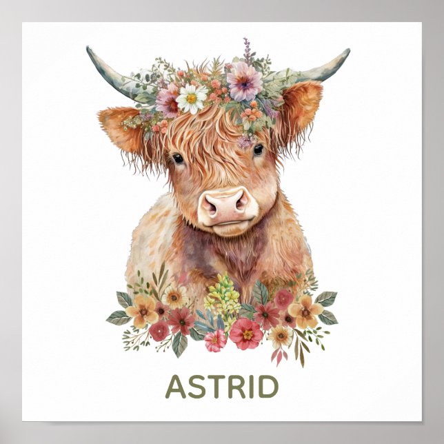 Poster Cute Highland Vache Vache Aquarelle dessinée à la  (Devant)