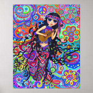 Poster Cute Hippie Sirène fille poupée Guitare