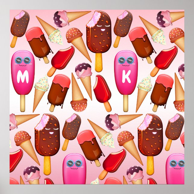 Poster Cute Ice Crème Cone Popsicle Monogramme Sucres (Devant)