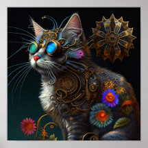 Cute imaginaire steampunk chat et fleurs IA art