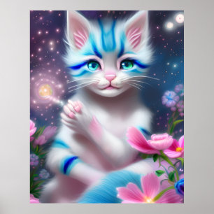 Poster Cute Kawaii bébé rayé rose et bleu chaton chat cha
