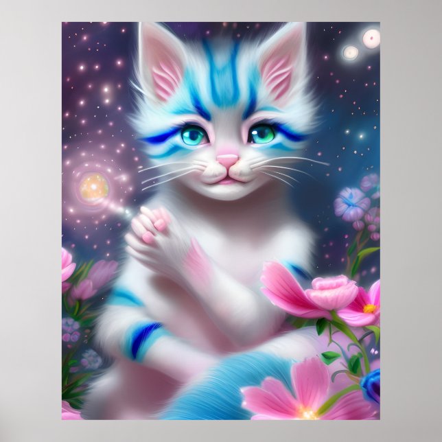 Poster Cute Kawaii bébé rayé rose et bleu chaton chat cha (Devant)