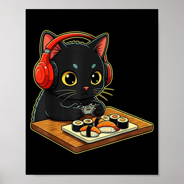 Poster Cute Kawaii Black Cat Funny Sushi Retro Japanese C (Devant)