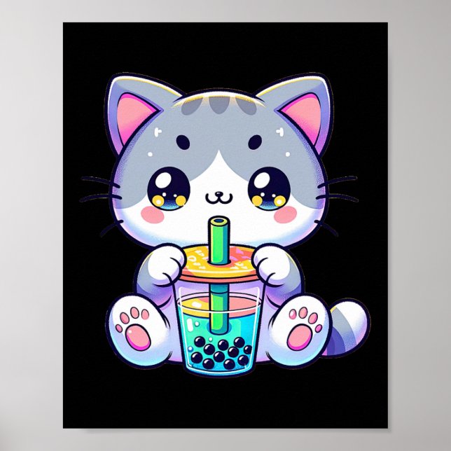 Poster Cute Kawaii Buble Thé Chat Japonais Kitten Anime (Devant)