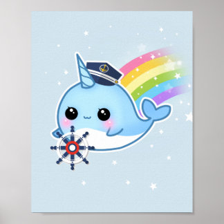 Poster Cute kawaii capitaine narval avec arc-en-ciel