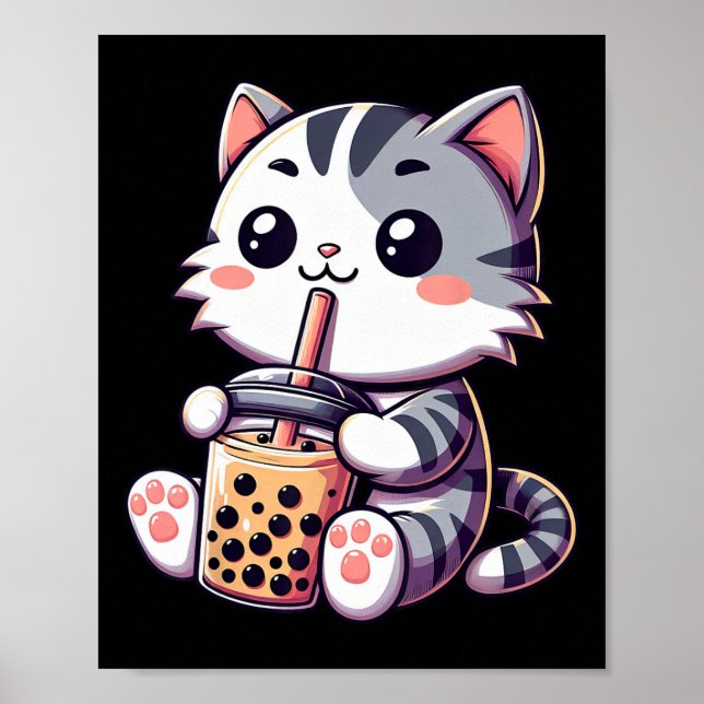Poster Cute Kawaii Chat Boba Bubble Thé Lait Anime Neko K (Devant)
