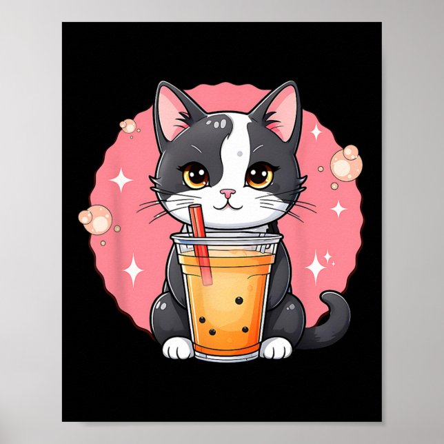 Poster Cute Kawaii Chat Boba Tea Style japonais Kit Tuxed (Devant)