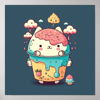 Poster Cute kawaii crème glacée de chat dans une tasse