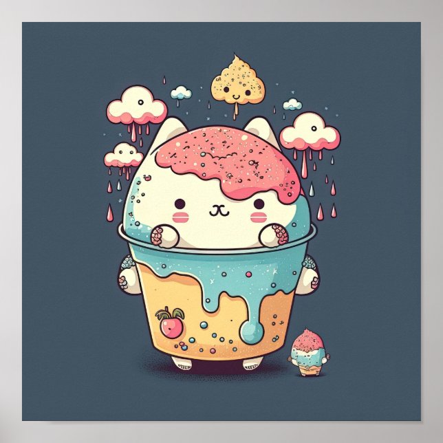 Poster Cute kawaii crème glacée de chat dans une tasse (Devant)