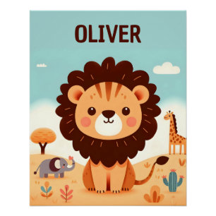 Poster Cute Kawaii Lion avec des amis Safari